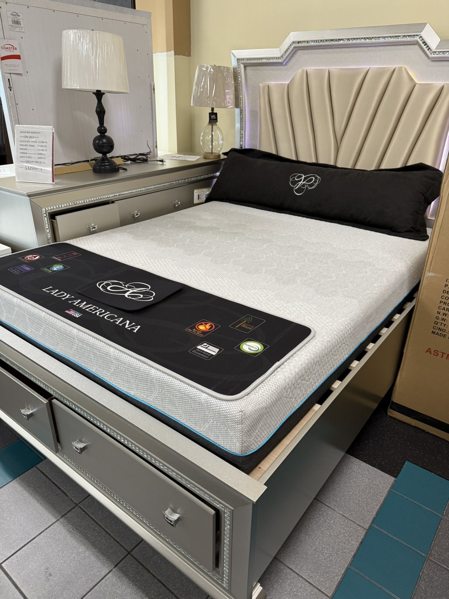 Queen Bed Room Set( Includes Queen Bed Frame, Dresser, Mirror, 1 Night Stand) On Sale