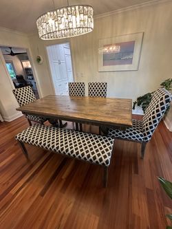 Solid wood dining table, bench and chairs