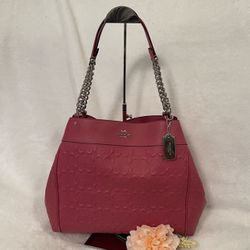 Coach Lexy C-Embossed Pink Leather Bag with Silver Toned Tag and Hardware