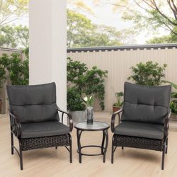 3 Pieces Patio Furniture Set, Outdoor Wicker Furniture Set, All-Weather Steel Frame with Removable Cushions & Glass Top Table for Garden, Poolside, Ba