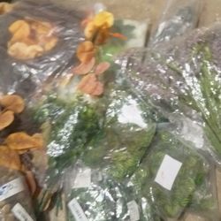 Bags of fake plants parts and some wreaths.