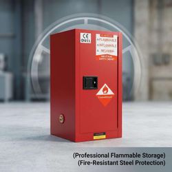 Safety Storage Locker 12 Gallon, Flammable Liquid Storage Bin for Manufacturing Sites, Red Chemical Box for Operators. HEAT DEFLECTION FRAMEWORK: Thi