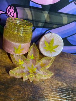 Custom Pink & Gold Glitter Resin Jar & Leaf Tray Decor Set