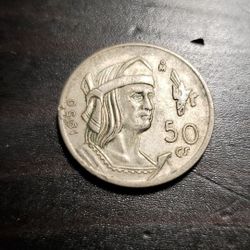 1950 MEXICO City AZTEC KING Cuauhtémoc Silver 50 Centavos Mexican Coin