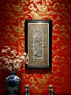 Vintage Asian Chinese Silk Embroidered Floral & Bird Wall Panel Hanging 12"×22"