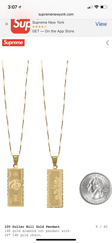 Supreme 14kt gold 100 Dollar Bill pendant with 24” gold chain