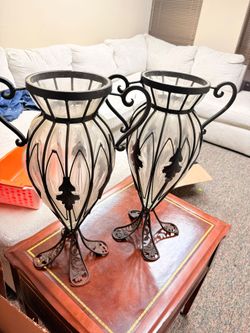 TODAY ONLY Pair of Large Vintage Black Iron Caged Glass Outdoor Vases