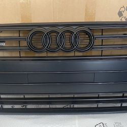2018 A4 B9 S-Line Black Optics Package Front Bumper Grill Assembly With License Plate Delete, Black Front Emblem, And The License Plate Bracket 