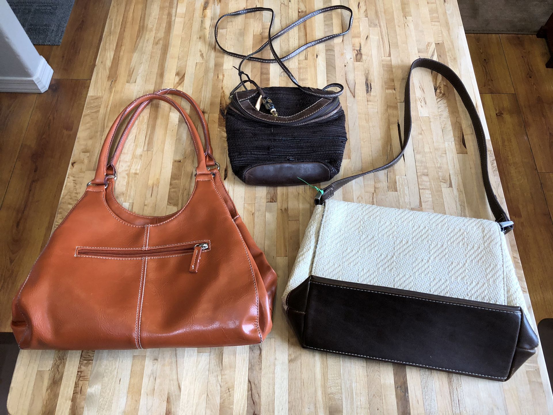 Collection Of 3 Purses; One Orange Leather, One Woven Warren Reed, & One White Crotchet
