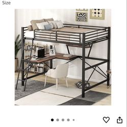 Black metal full-sized loft bed with desk