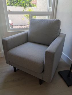 1 Living Spaces sofa lounge grey gray fabric cushion armchair chair
