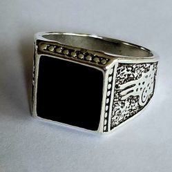 TITANIUM FOREVER WEAR SILVER NEW SIZE 8 ETCHED MENS BLACK ONYX IMPRESSIVE RING
