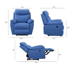 FC Design Power Recliner Chair with Pillow Top Arms USB Charging Port Linen Upholstered Leather - Blue
