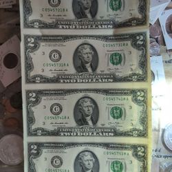 2013 New Uncut (4) Pieces Of Two Dollars Bills.