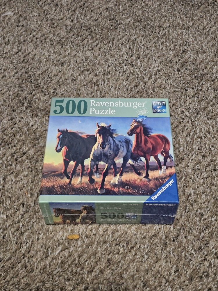 New sealed 500 Piece Jigsaw Puzzle 3 horses Blue Roan Ridge