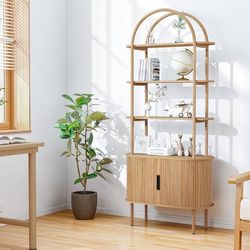 Turtle&Myrtle Tall Arched Bookshelf, Mid Century Modern Fluted Bookcase Cabinet with Sliding Doors, Curved Metal Frame Bookcase, Industrial Storage Di