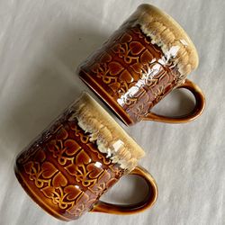 Two Vintage 8-oz Japanese Textured Brown Drip Glaze Mugs 