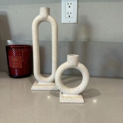 Crate & Barrel Lorin Cement Small & Medium Taper Candle Holders