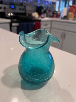 Teal Crackle Glass Vase with Ruffled Rim
