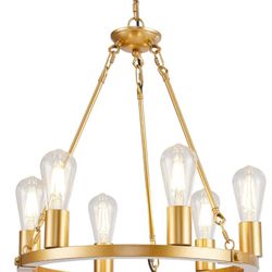 6 Lights Gold Wagon Wheel Chandelier, Modern Golden Pendant Lights Fixtures for Living Room, Bedroom, Entryway, Foyer, Haning Light with 18.1", E26 Bu