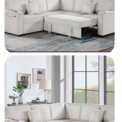 $550.  Sectional Pull Out Bed With Storage USB Cup Holder Available,I Ivory,Dark Gray,Corduroy