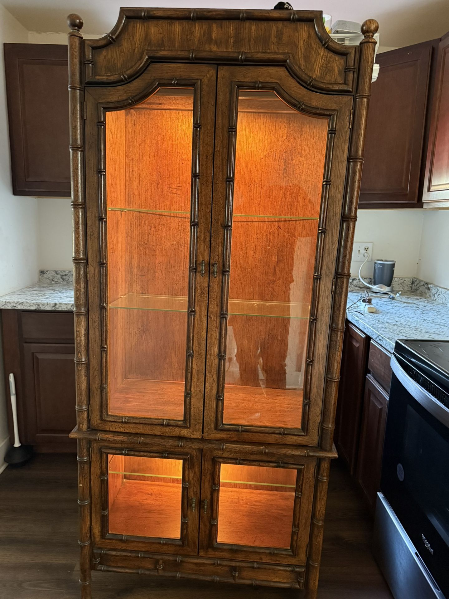 Vintage Bamboo-Style Glass Display Cabinet with Built-In Lights