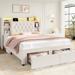 Queen Size Bed Frame with Drawers, Hidden-Cubby & Shelves Storage Headboard with Charging Station and LED Lights, Velvet Upholstered Platform Bed Soli