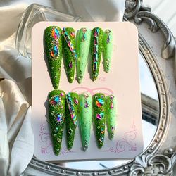 Handmade Green Press-on Nails with Shiny Rhinestone Embellishments