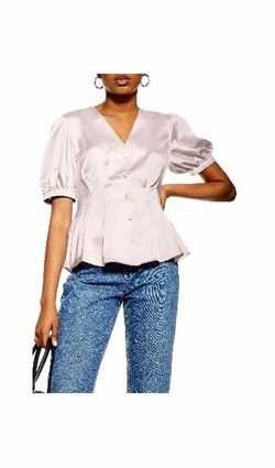 Topshop Lilac Satin Button-Front Peplum Blouse 10 Size US/14 UK Puff Sleeve Top