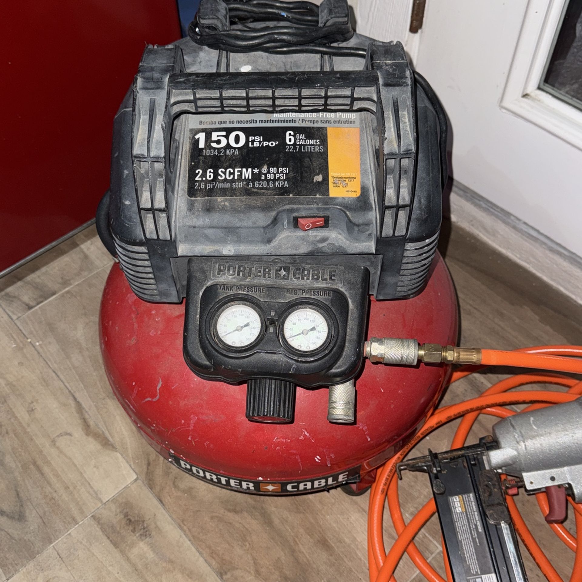 Porter cable 6 Gal 150psi Air Compressor. 16ga Finish Nailer Gun With New Hose.
