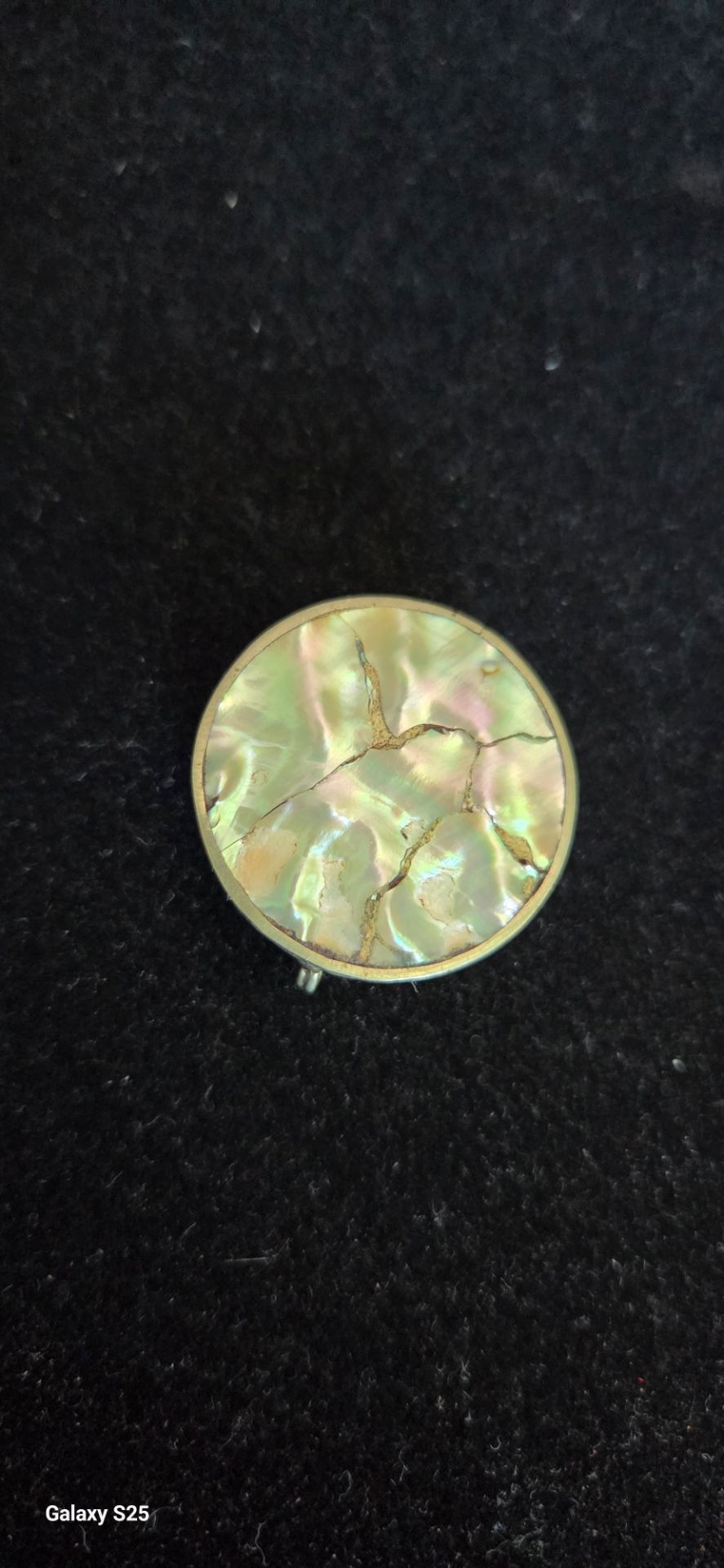 Vintage abalone inlay, alpaca, Mexico pillbox, 1.4"