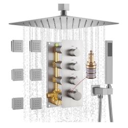 MONDAWE 12 In Thermostatic Shower System, Ceiling Mounted High Pressure Shower Head with Handheld,6 Body Jets, Bathroom Shower Faucet Set in Brushed N
