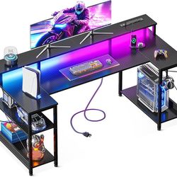 55 Inch Gaming Desk with LED Lights and Power Outlet, U-Shaped Computer Desk with Monitor Stand and Storage Shelves, PC Gamer Table for Home Office, C