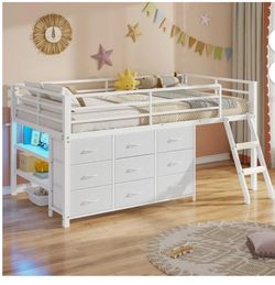 Twin Loft Bed for Kids, Low Loft Bed Twin Size with 9 Storage Dresser, LED Lights, 2 Storage Shelves & Stairs, Metal White Bed with Safety Guardrail f
