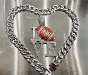 Love football rhinestone pendant & 18” cuban chain, longer chain length is available.