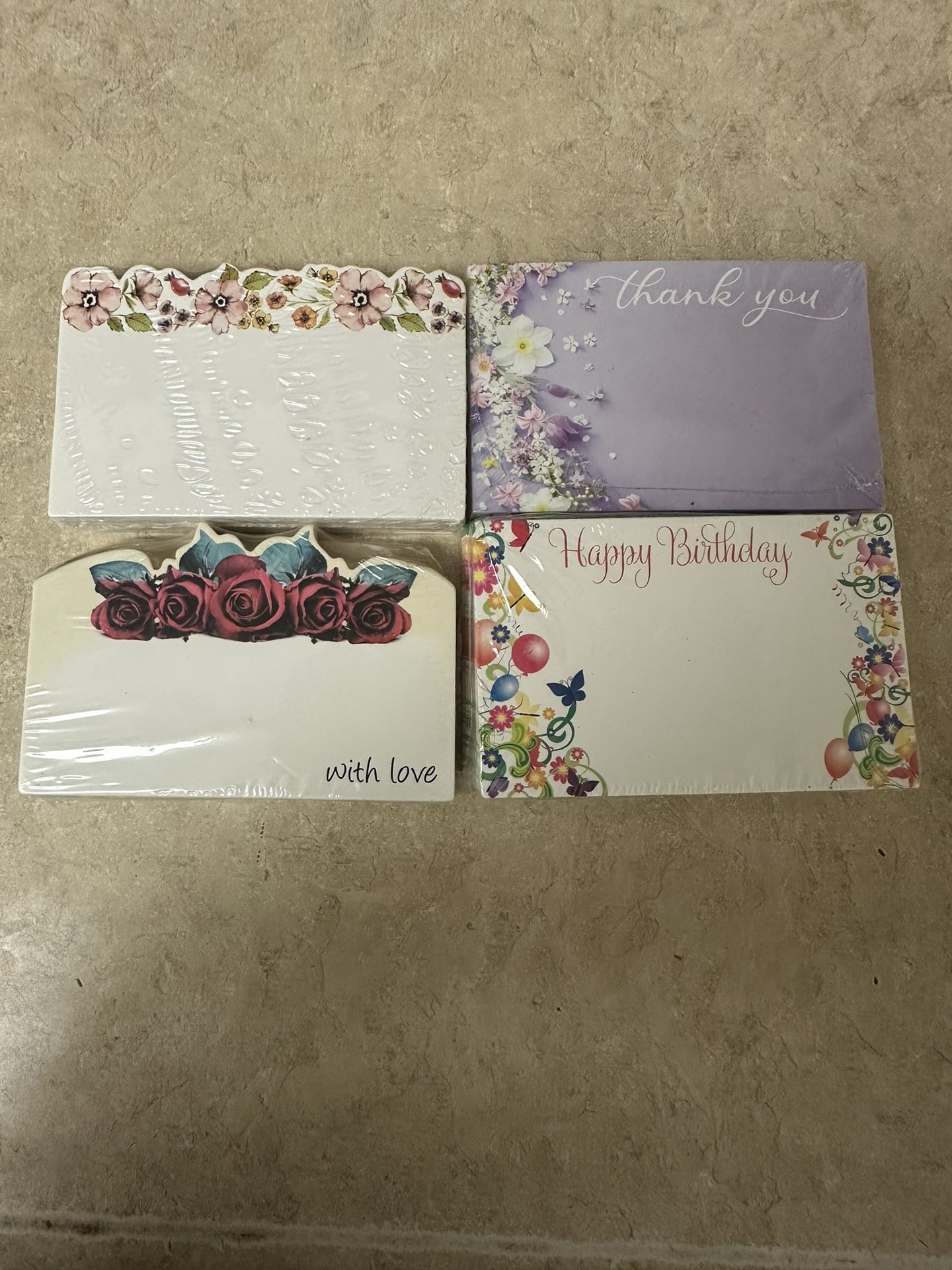 Set of Four New Greeting Cards – Thank You, Birthday, and With Love Designs