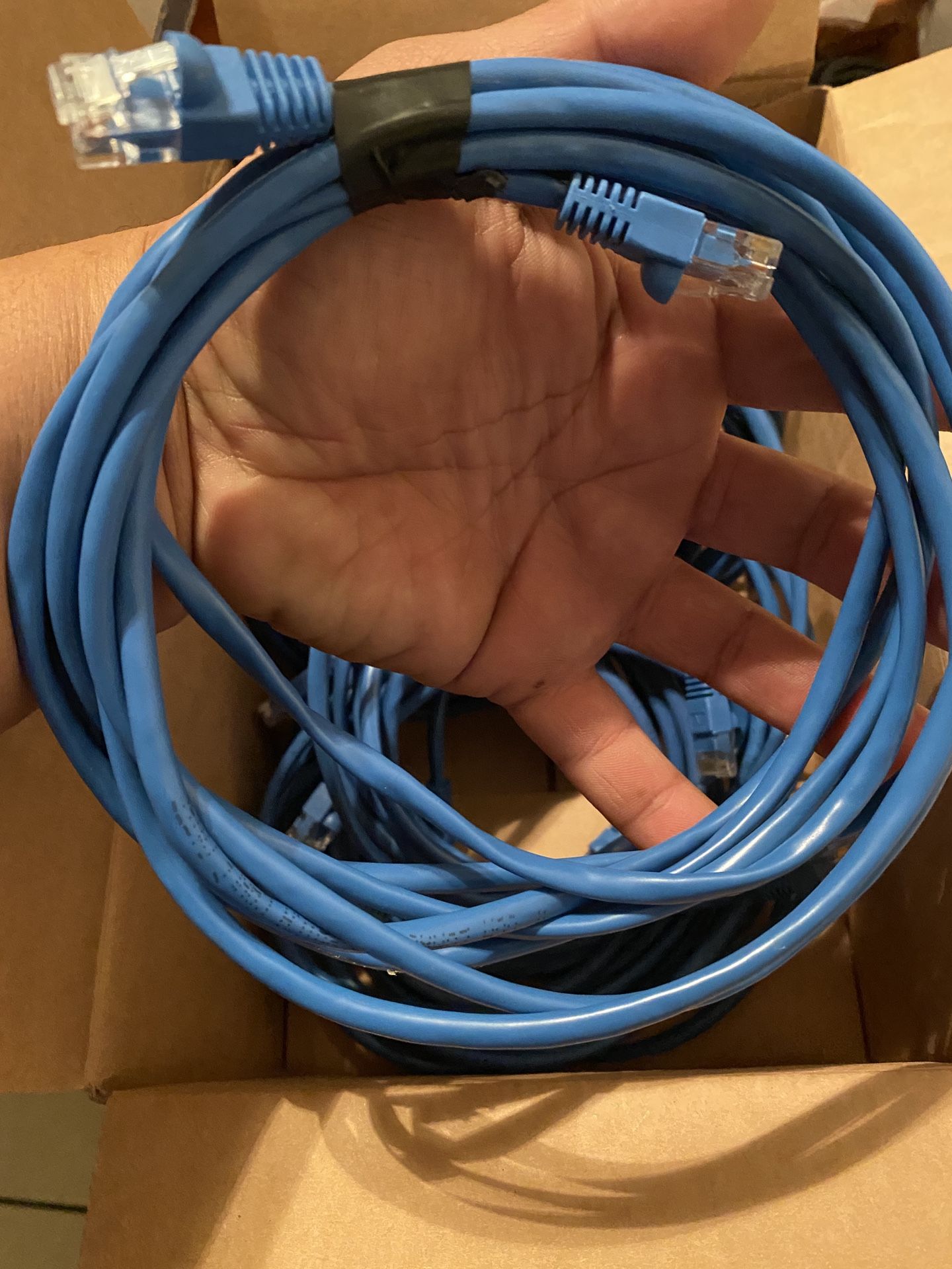 20 pieces of Cat5e with end connectors different sizes. 1ft thru 6ft. All carefully handled. No kinks.
