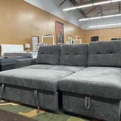 Reversible Gray Chenille Sectional with Pull Out Bed Ottoman