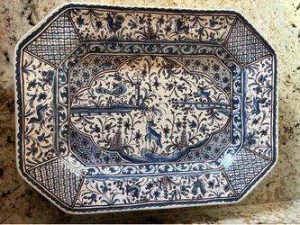 Vintage Hand Painted Portuguese Faience Platter from Alcobaça Portugal Blue White XVII Century Reproduction-12”x 16”