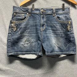 Grace in LA Womens Size 32 Embroidered Paisley Denim Shorts Medium Wash Blue