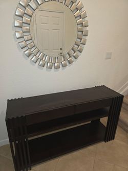 Dark Wood Console Table with Drawers and Shelves $150