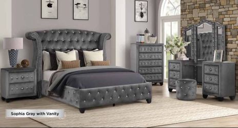 New stock gray velvet queen bedroom set bed vanity set chest and night stand
