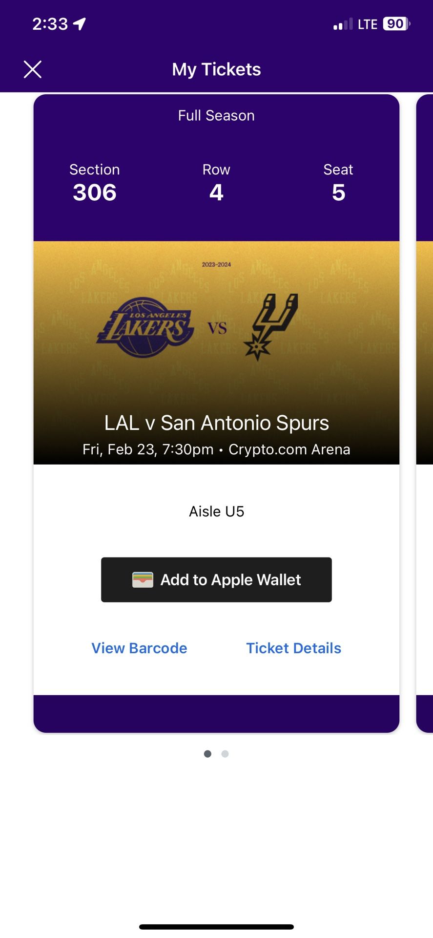 (2) SPURS @ LAKERS TICKETS CRYPTO ARENA ROW 4 02/23 FRIDAY NIGHT