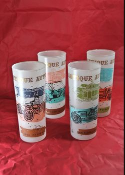 Vintage Auto Tom Collins Glasses: 1950s Anchor Hocking, Car Theme