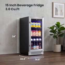 Yeego Beverage Refrigerator- 15 inch 100 Cans Beer Cooler with Glass Door 34-54℉ Beverage Fridge for Drink Soda Wine for Bar Office Bedroom