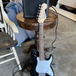 Mini Fender Guitar, Cord And Amp