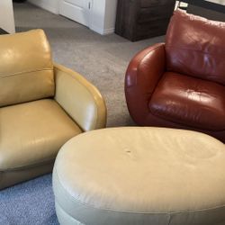 Two Leather Lounge Chairs with Ottoman ( Made In Italy) 