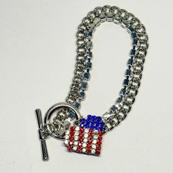 USA Flag Rhinestone Bracelet Silver Tone Chain Bracelet Fourth of July Patriotic Jewelry