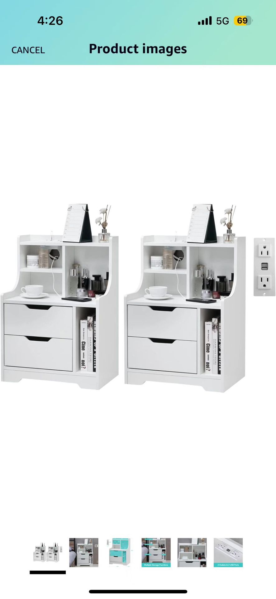 White Nightstand with Charging Station Set of 2, 2 Drawer Sofa End Table with USB Ports and Outlets Nightstand with Shelf for Bedroom