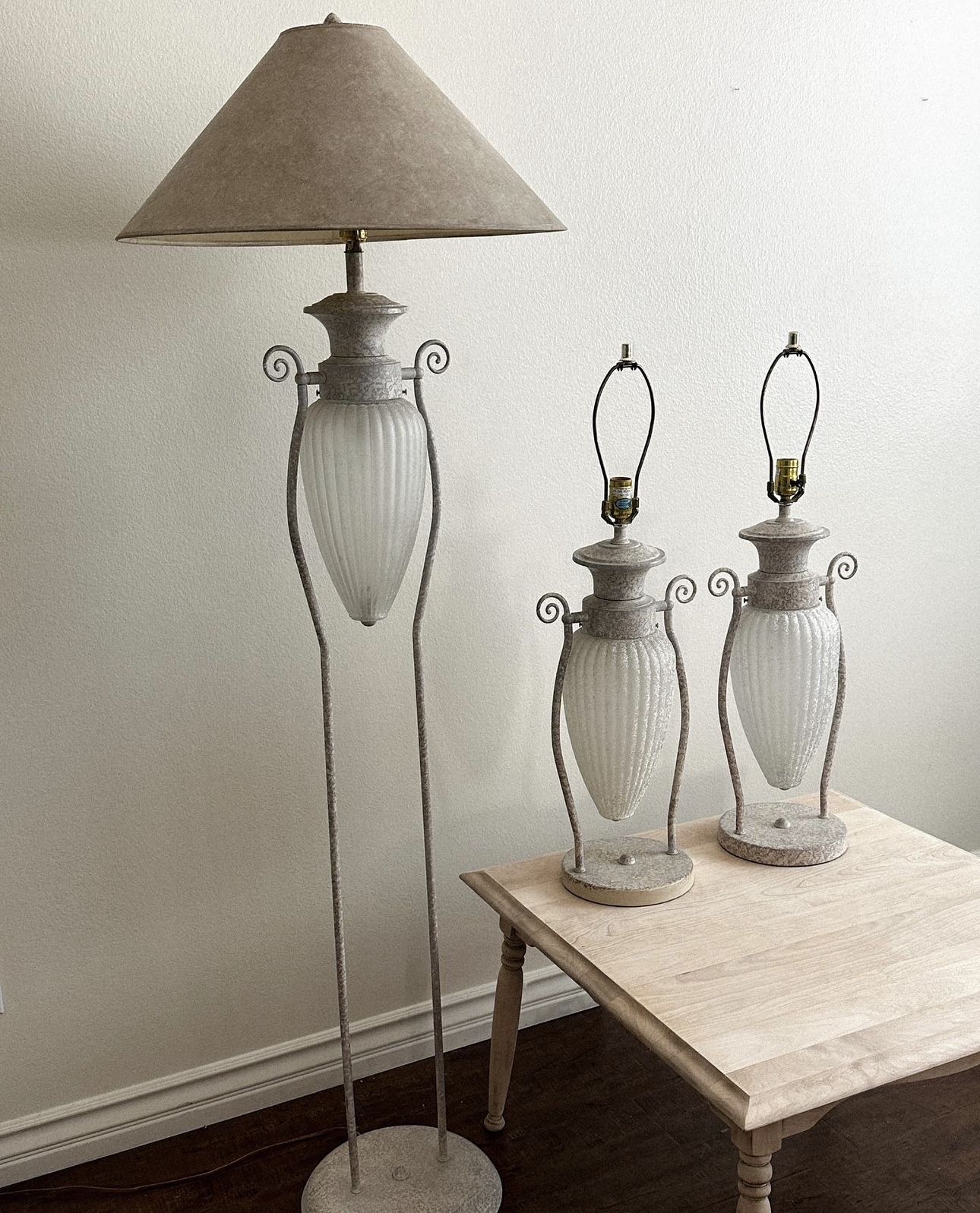 vintage 80s iron and glass table/floor lamp set